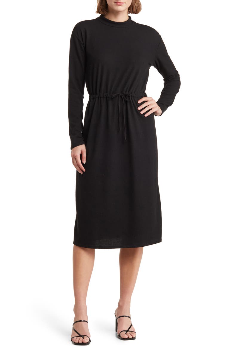 Long Sleeve Drawstring Waist Dress, Main, color, BLACK