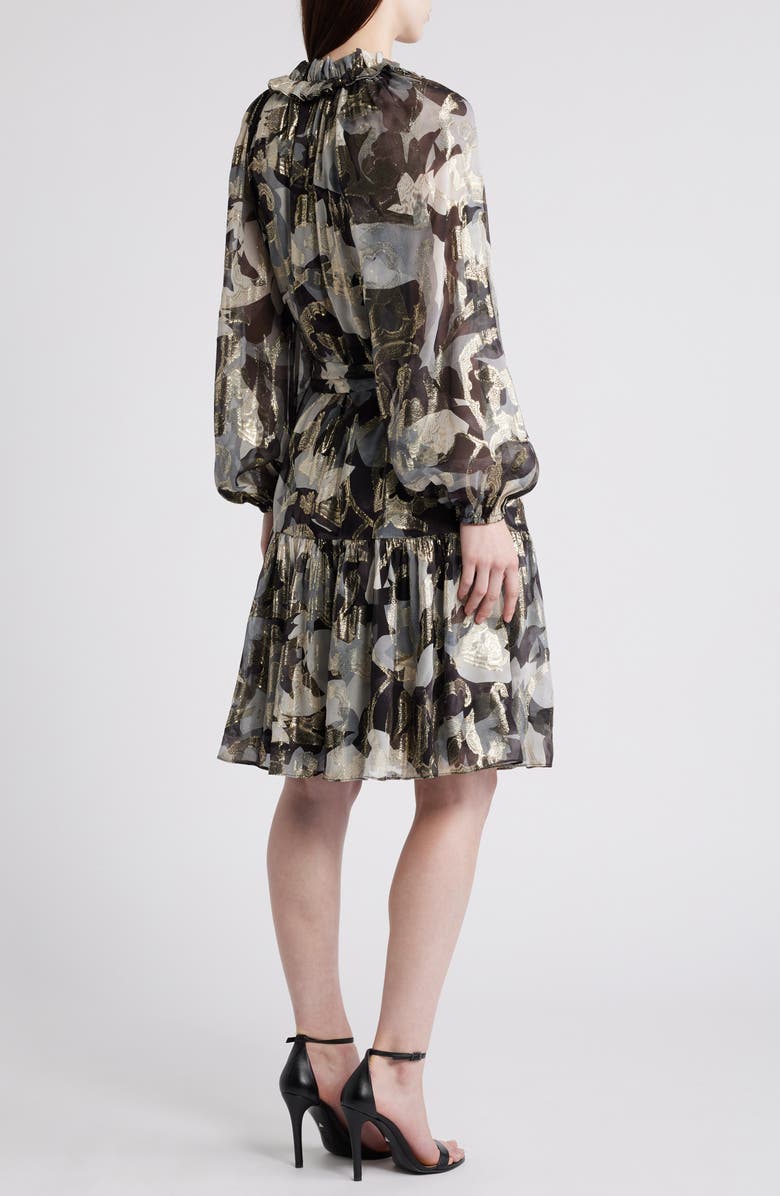 KOBI HALPERIN Jenson Metallic Ruffle Long Sleeve Silk Dress, Alternate, color, Graphite