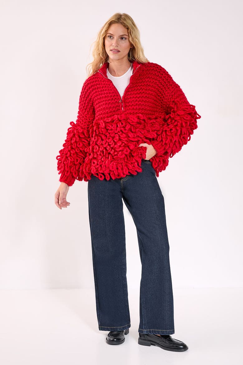 Loopy Quarter Zip Sweater, Alternate, color, Red