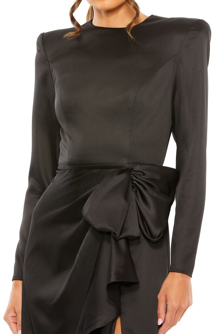 Petite Long Sleeve Satin Structured Bow Draped Column Gown, Alternate, color, Black