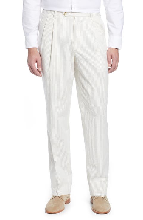 Pleated Seersucker Cotton Dress Pants