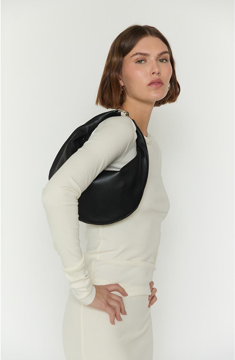 HYER GOODS Small Leather Convertible Hobo Crescent Ring Bag, Alternate, color, Black/Silver