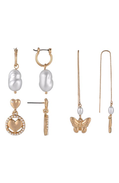 Butterfly, Heart & Faux Pearl Set of 3 Earrings