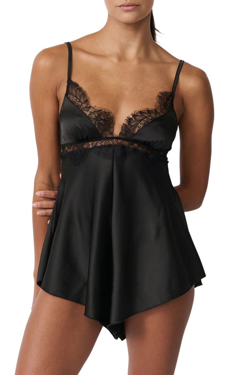 Kat The Label Ray Lace Trim Satin Teddy, Main, color, Black