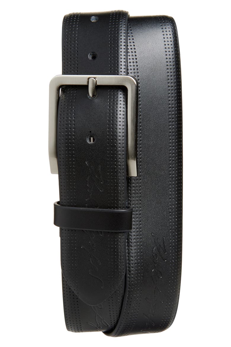 Debossed Logo Perforated Belt, Main, color, BLACK