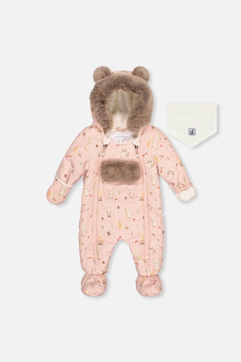 Woodland Creatures One Piece Romper & Neckwarmer Snowsuit, Main, color, Pink Animal Print