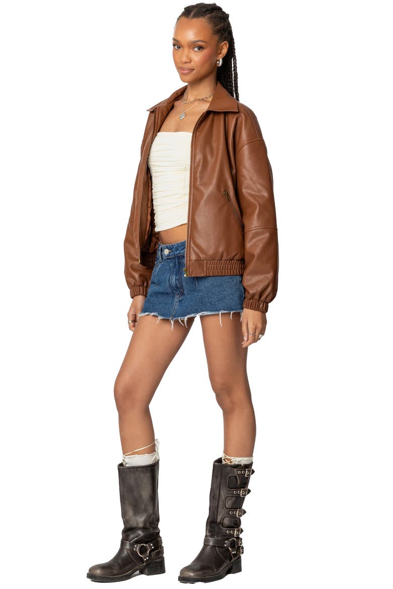 Halley Faux Leather Bomber, Alternate, color, BROWN