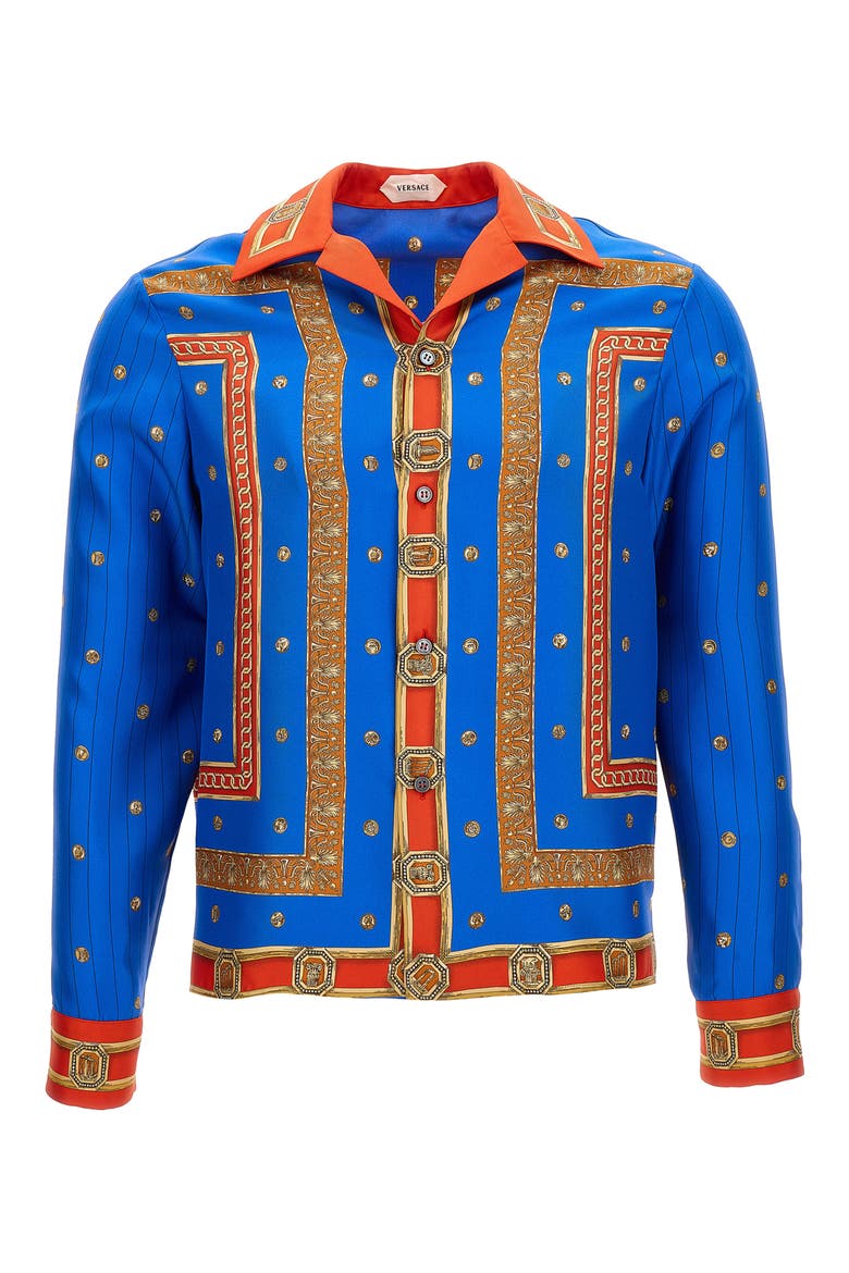 Trompe l'Oeil Print Silk Twill Bowling Shirt, Main, color, ROYAL BLUE RED GOLD