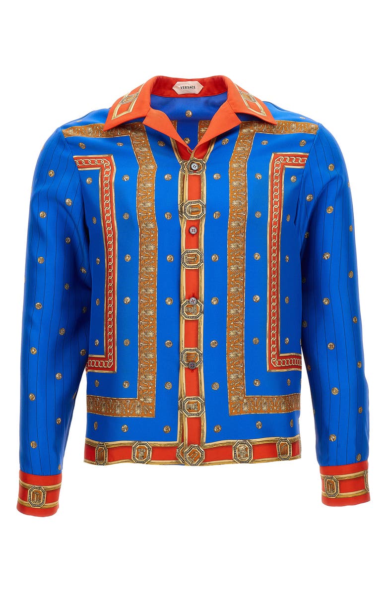 Versace Trompe l'Oeil Print Silk Twill Bowling Shirt, Main, color, Royal Blue Red Gold