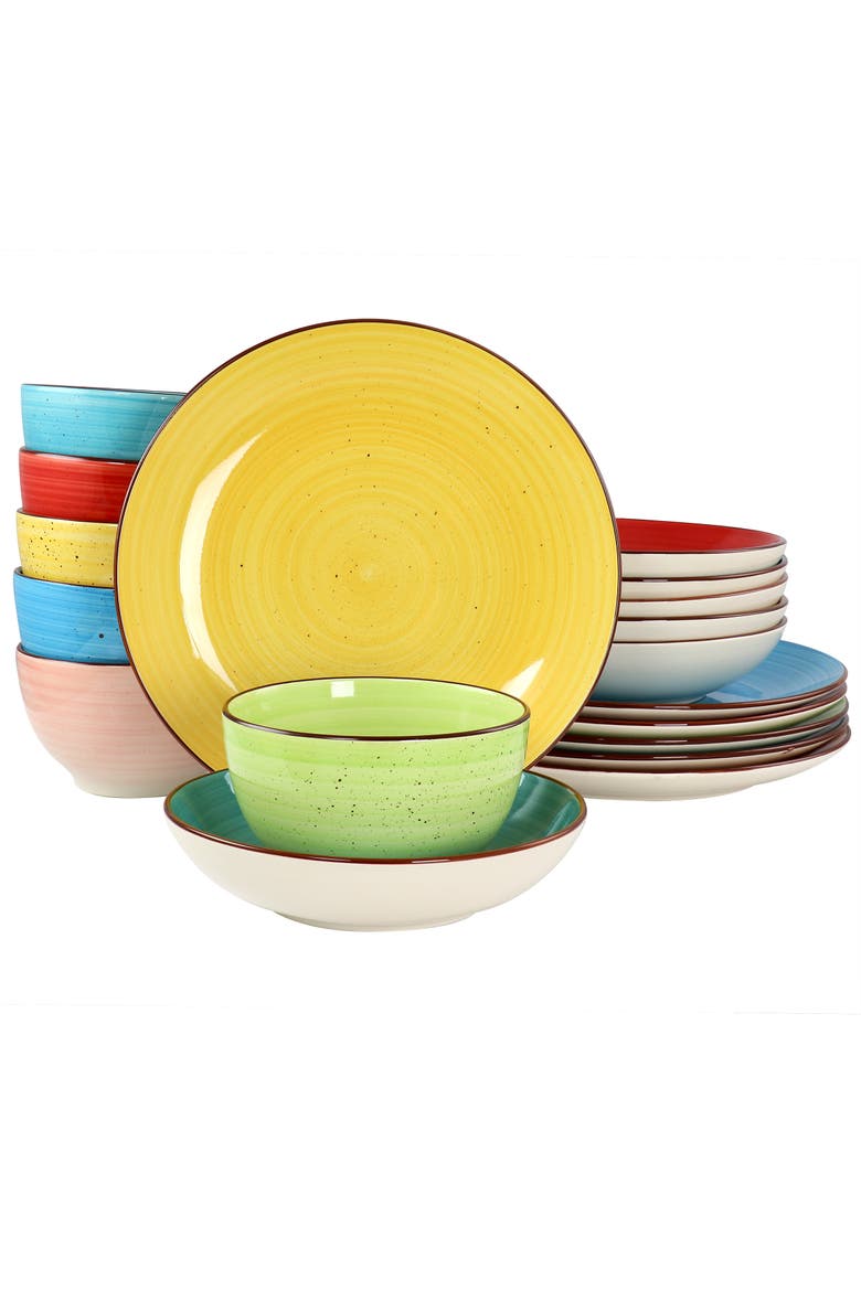 Sebastian 18 Piece Double Bowl Stoneware Dinnerware Set, Main, color, Pink