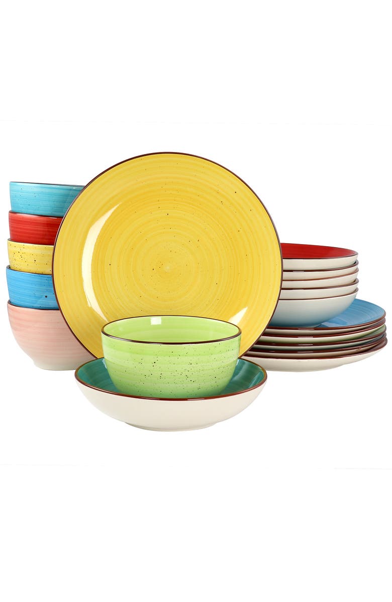 Elama Sebastian 18 Piece Double Bowl Stoneware Dinnerware Set, Main, color, Pink