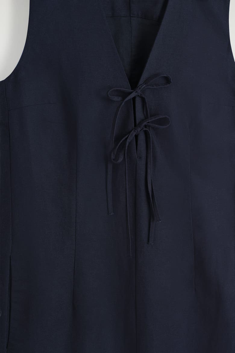 Linen-Blend Tie-Front Midi Dress, Alternate, color, NAVY