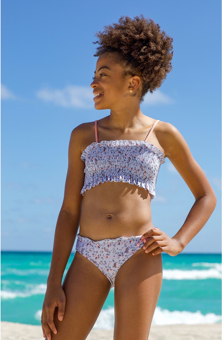 NESSI BYRD Lavender Shirred Bandeau with Bow Detail Two Piece Bikini, Alternate, color, Grey