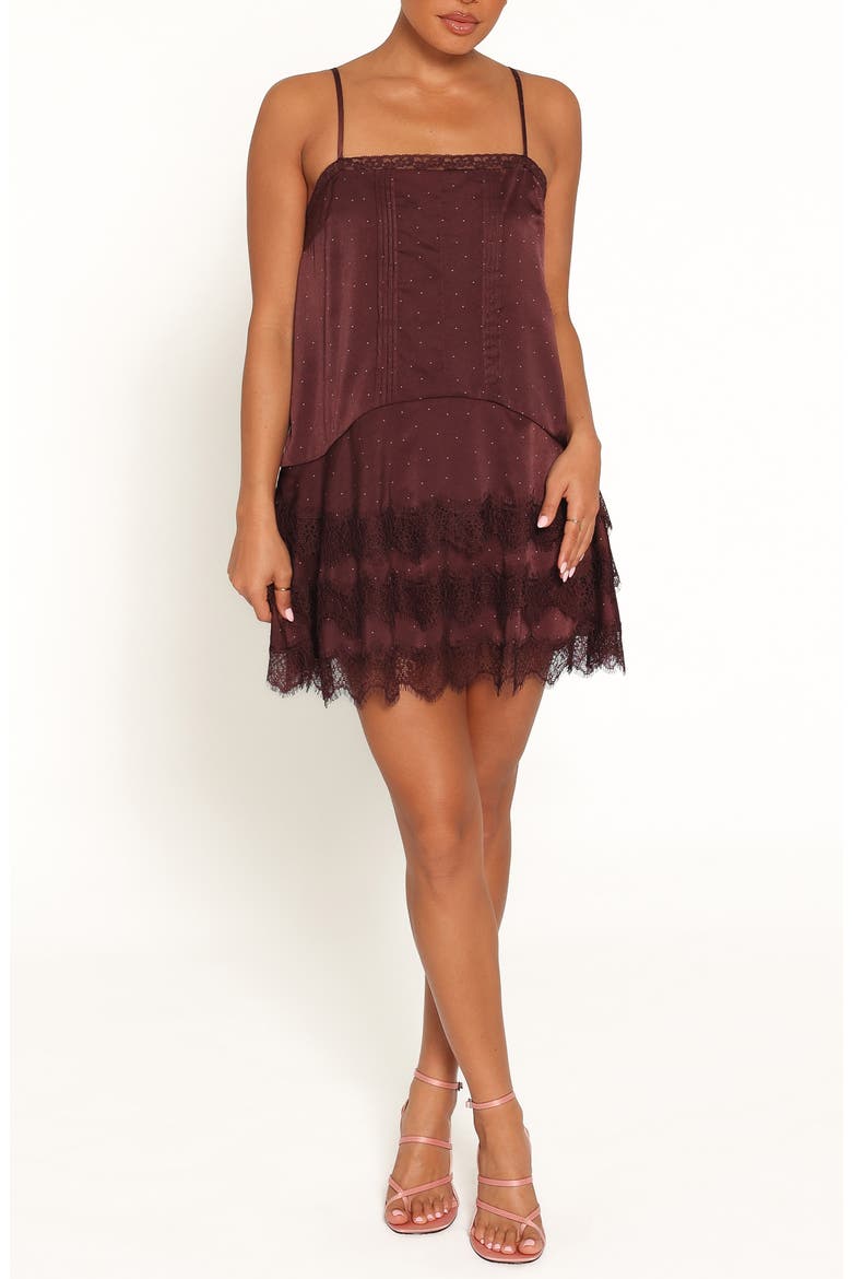 Brinley Polka Dot Satin Minidress, Main, color, BROWN POLKA DOT