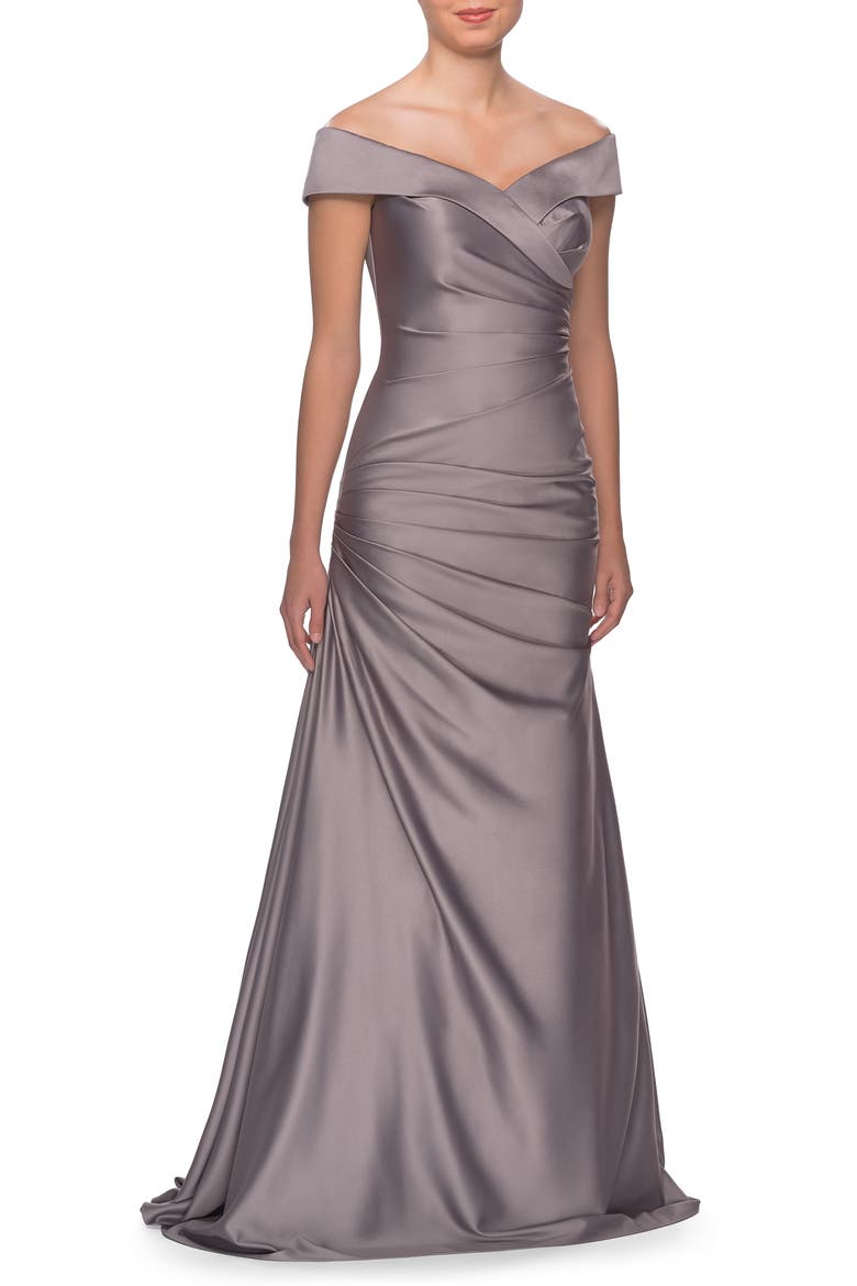 Off the Shoulder Ruched Satin Trumpet Gown, Main, color, PLATINUM