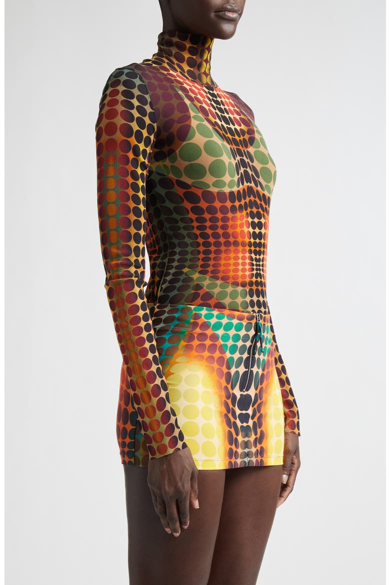 Re-Edition Polka Dot Trompe l'Oeil Long Sleeve Mesh Top, Alternate, color, ORANGE/ BLUE/ BROWN