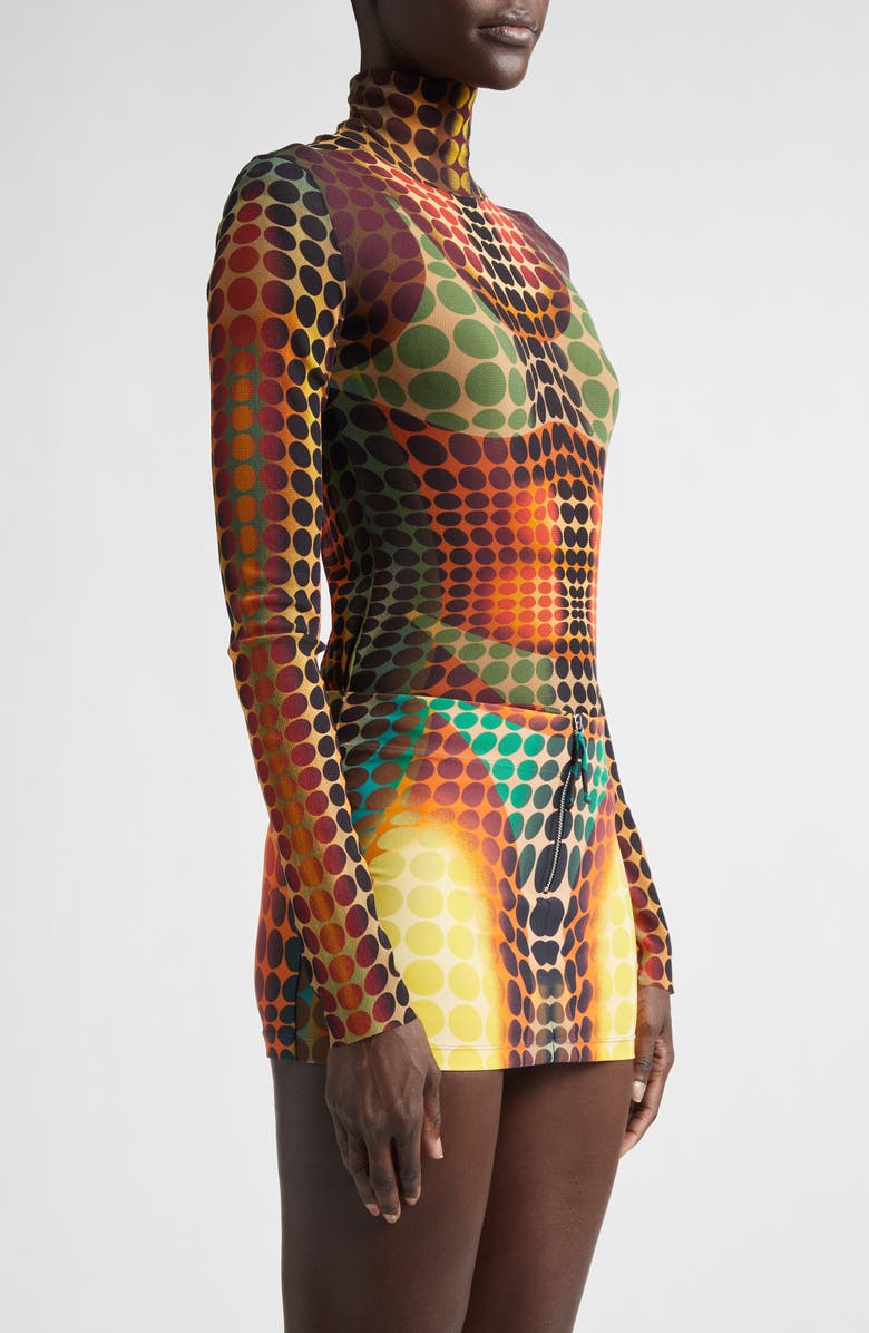 Jean Paul Gaultier Re-Edition Polka Dot Trompe l'Oeil Long Sleeve Mesh Top, Alternate, color, Orange/ Blue/ Brown