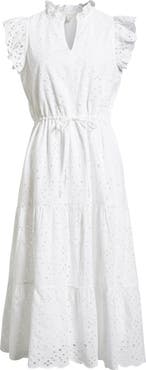 Caslon® Ruffle Flutter Sleeve Cotton Broderie Anglaise Midi Dress