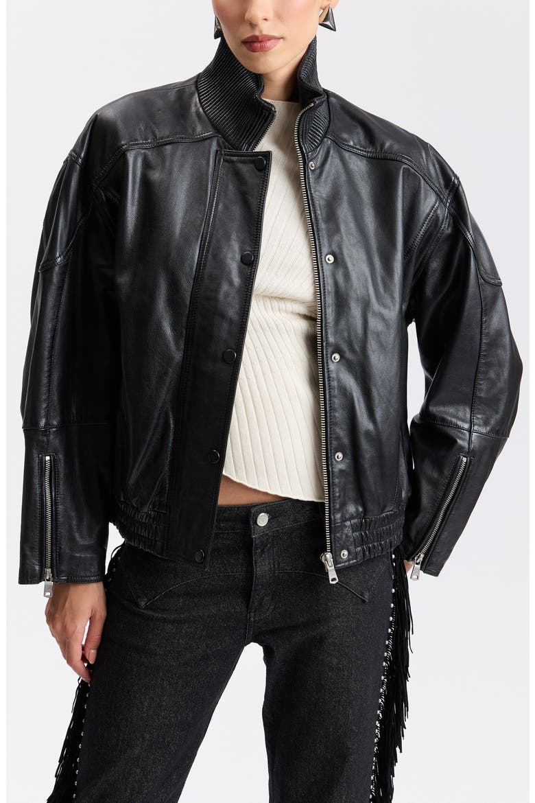 Funnel Neck Oversized Leather Bomber Jacket, Main, color, BLACK