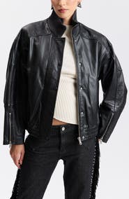 Avec Les Filles Funnel Neck Oversized Leather Bomber Jacket