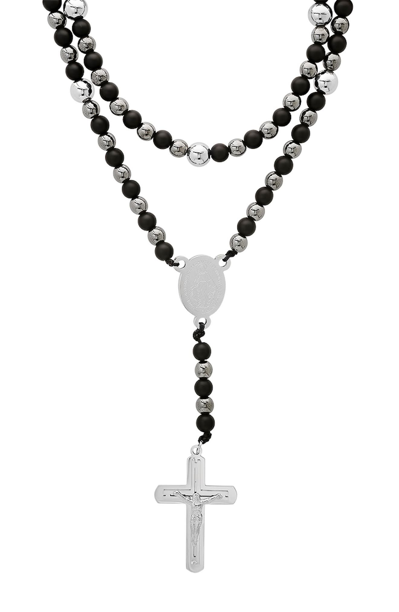 HMY JEWELRY Men's Black Lava & Hematite Beaded Rosary Necklace
