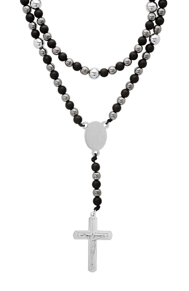HMY JEWELRY Men's Black Lava & Hematite Beaded Rosary Necklace, Main, color, Silver/ Black
