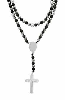 HMY JEWELRY Men's Black Lava & Hematite Beaded Rosary Necklace