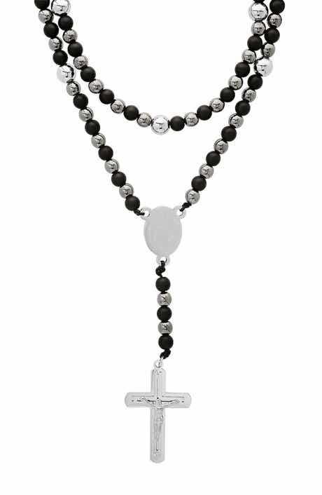 HMY JEWELRY Men's Black Lava & Hematite Beaded Rosary Necklace