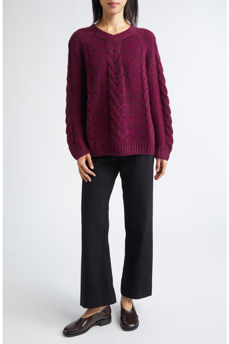 Eiderdown Alpaca Blend Cable Sweater, Alternate, color, MAROON