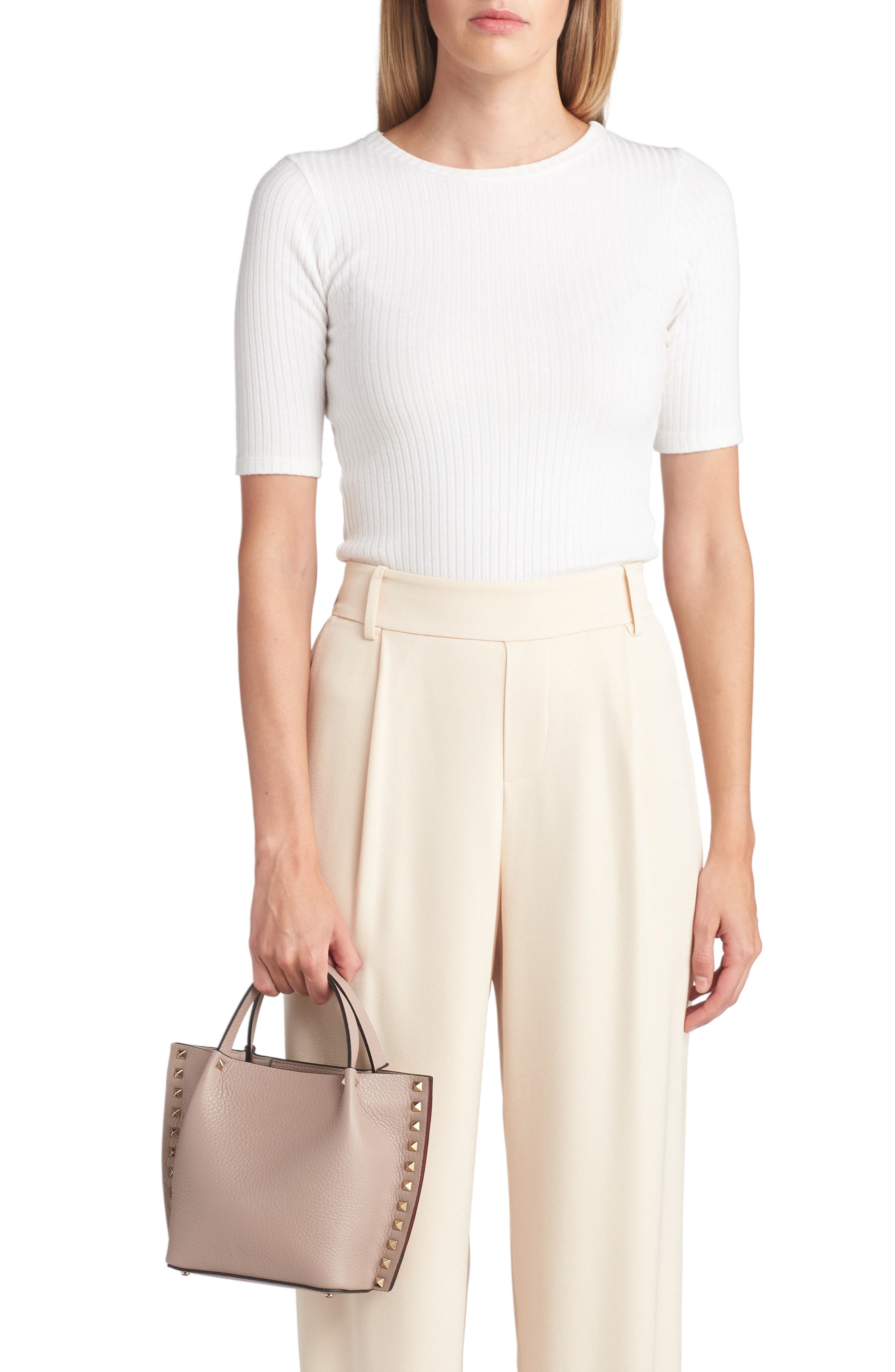Small Rockstud Leather Tote, Alternate, color, POUDRE