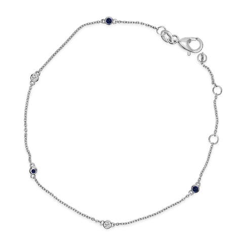 14K White Gold Alternating Blue Sapphire and Diamond Bezel Station Chain Bracelet