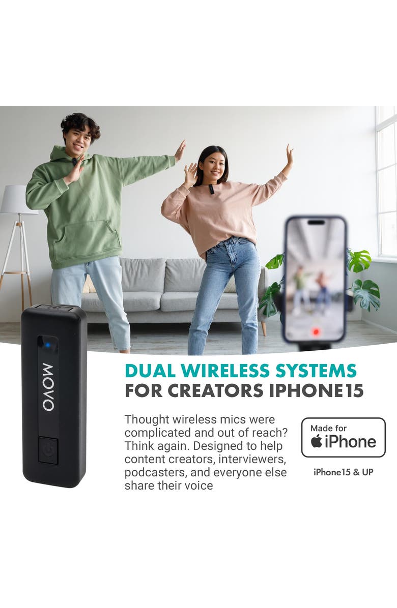 MOVO Wireless Mini USB-C Duo Wireless Microphone for iPhone 15 and up, Alternate, color, Black