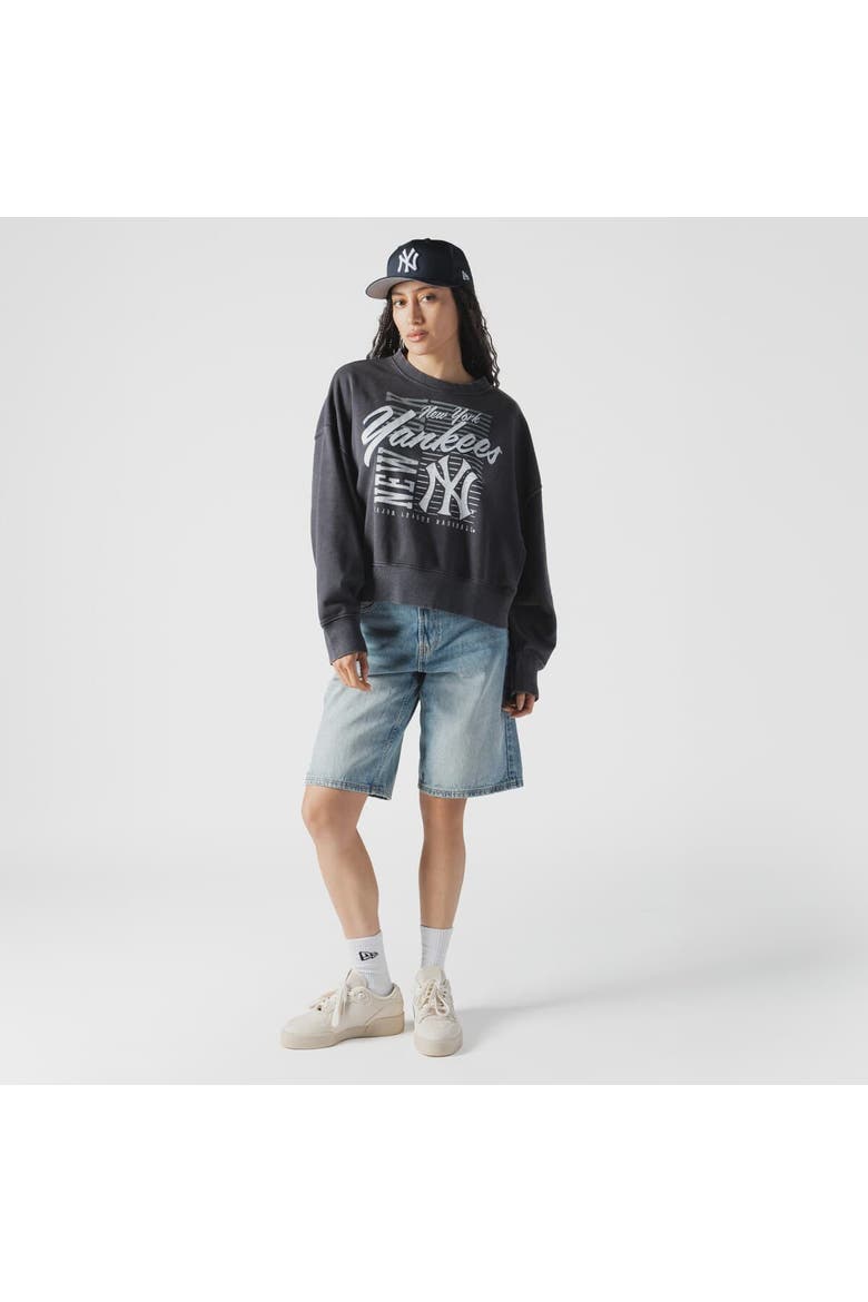Women's New Era Navy New York Yankees Boxy Mineral Wash Dolmen Sleeve Cropped Sweatshirt, Alternate, color, Charcoal