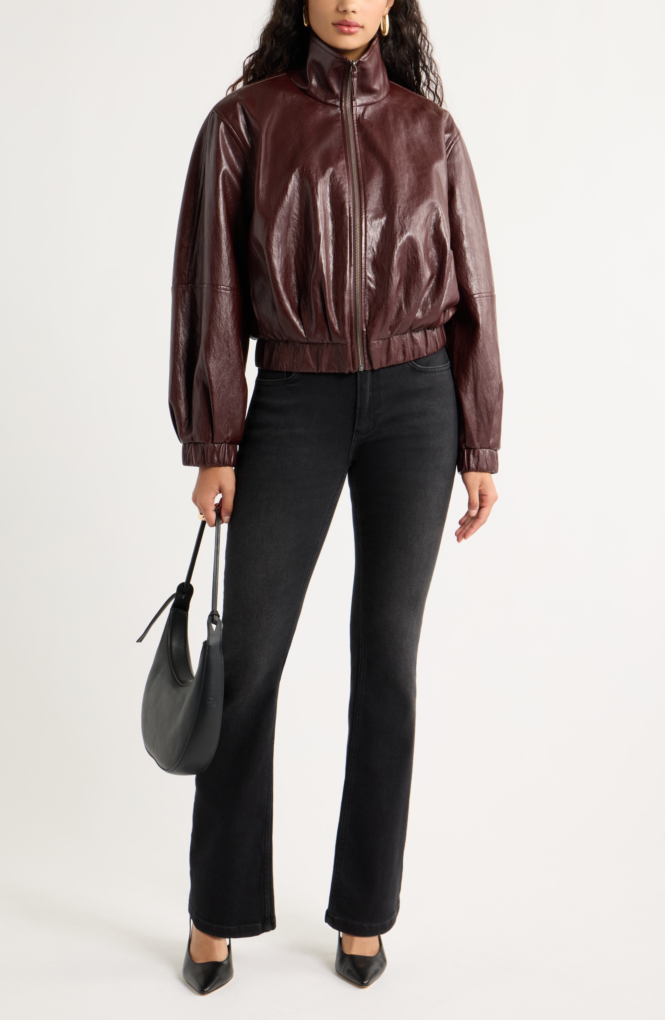 Open Edit Faux Leather Funnel Neck Jacket (Women) | Nordstrom