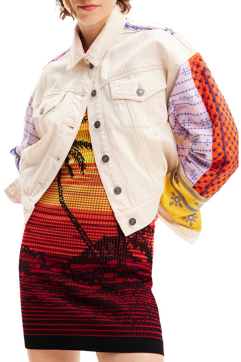Short Embroidered Denim Jacket, Main, color, WHITE