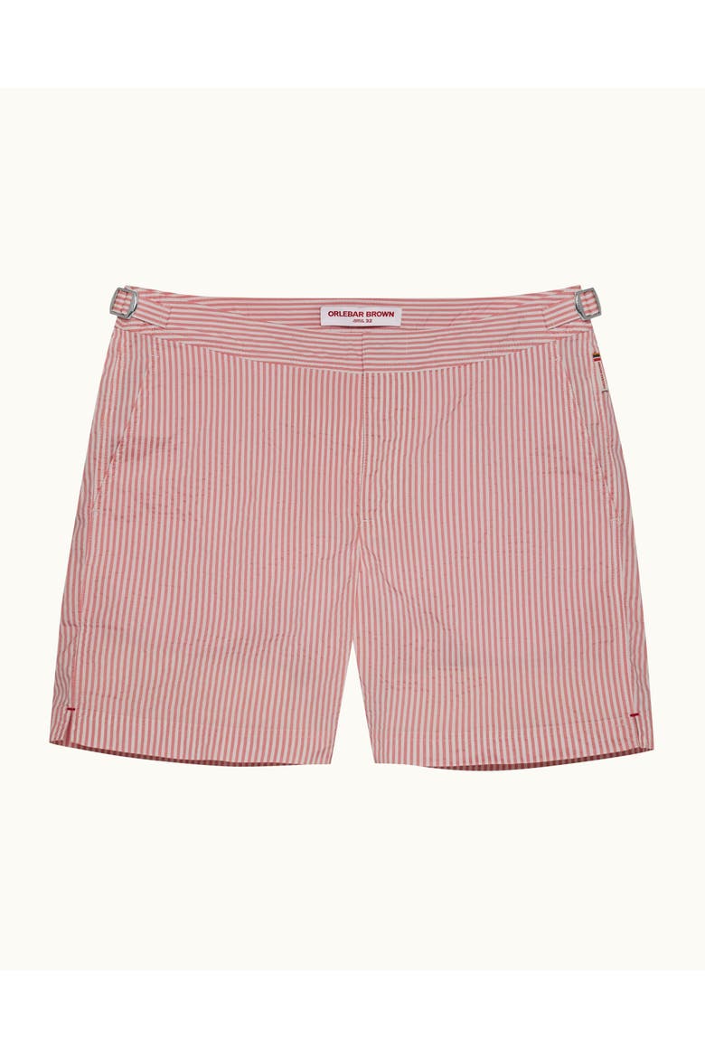 Bulldog Mid-Length Classic Fit Stripe Seersucker Swim Shorts, Main, color, Pink lemonade/white stripe