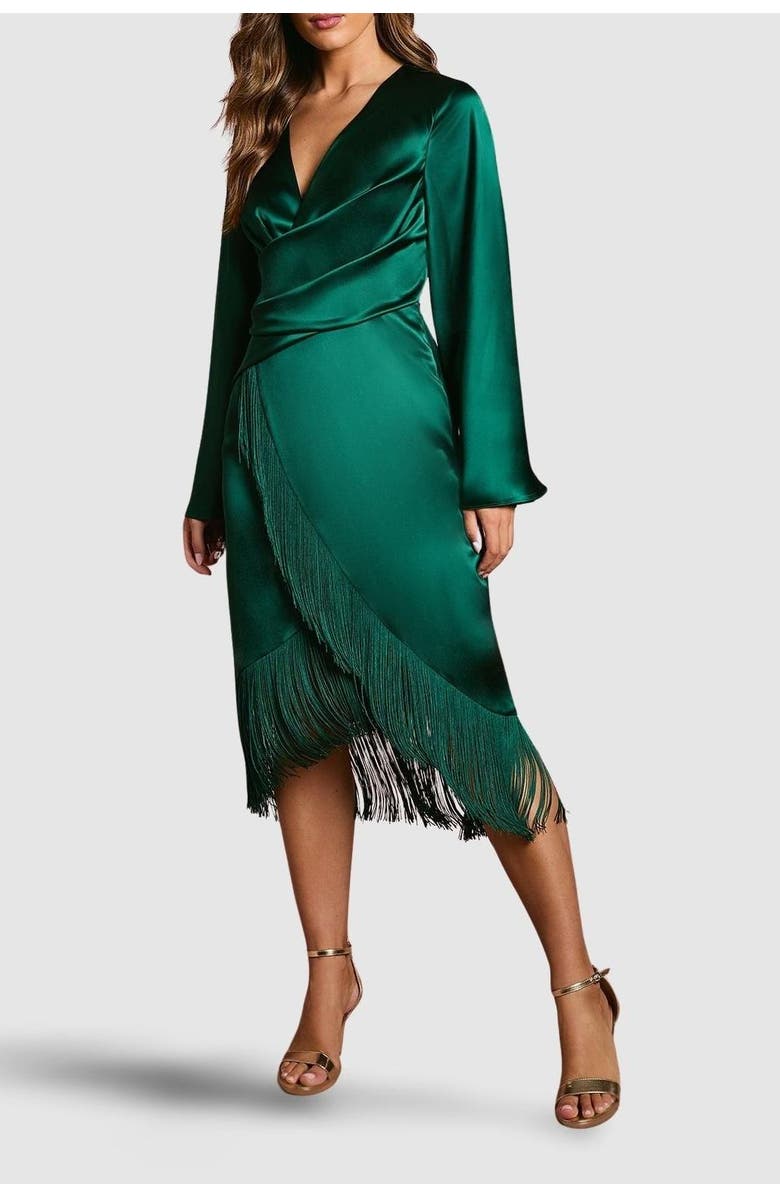 Coast Satin Fringe Hem Wrap Waist Midi Dress, Alternate, color, Emerald