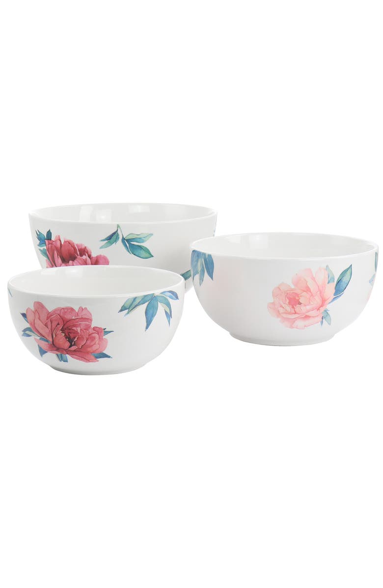 MARTHA STEWART 3 Piece Fine Ceramic Floral Bowl Set, Main, color, White