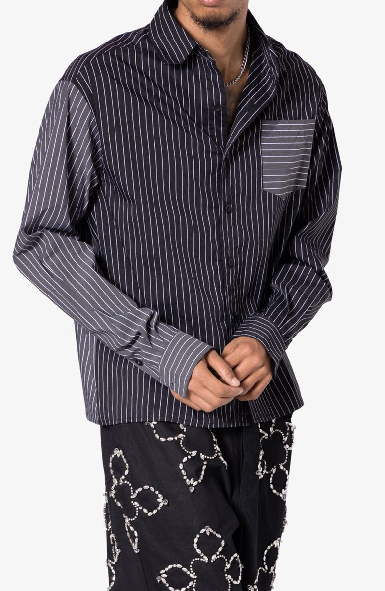 mnml Oversize Mismatched Pinstripe Button-Up Shirt Jacket, Alternate, color, Black
