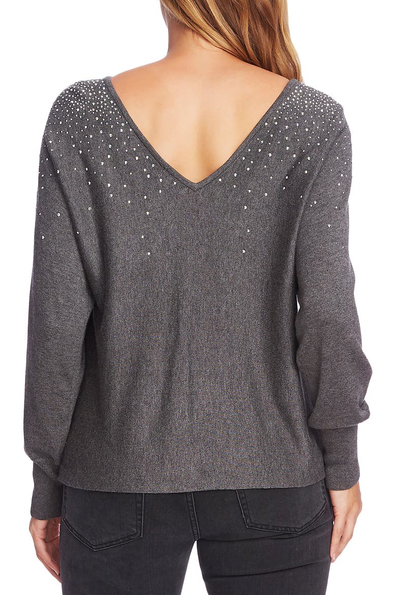 Crystal Embellished V-Back Cotton Blend Sweater, Alternate, color, MEDIUM HEATHER GREY