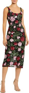 Mac Duggal Floral Beaded Mesh Scoop Neck Fitted Midi Dress