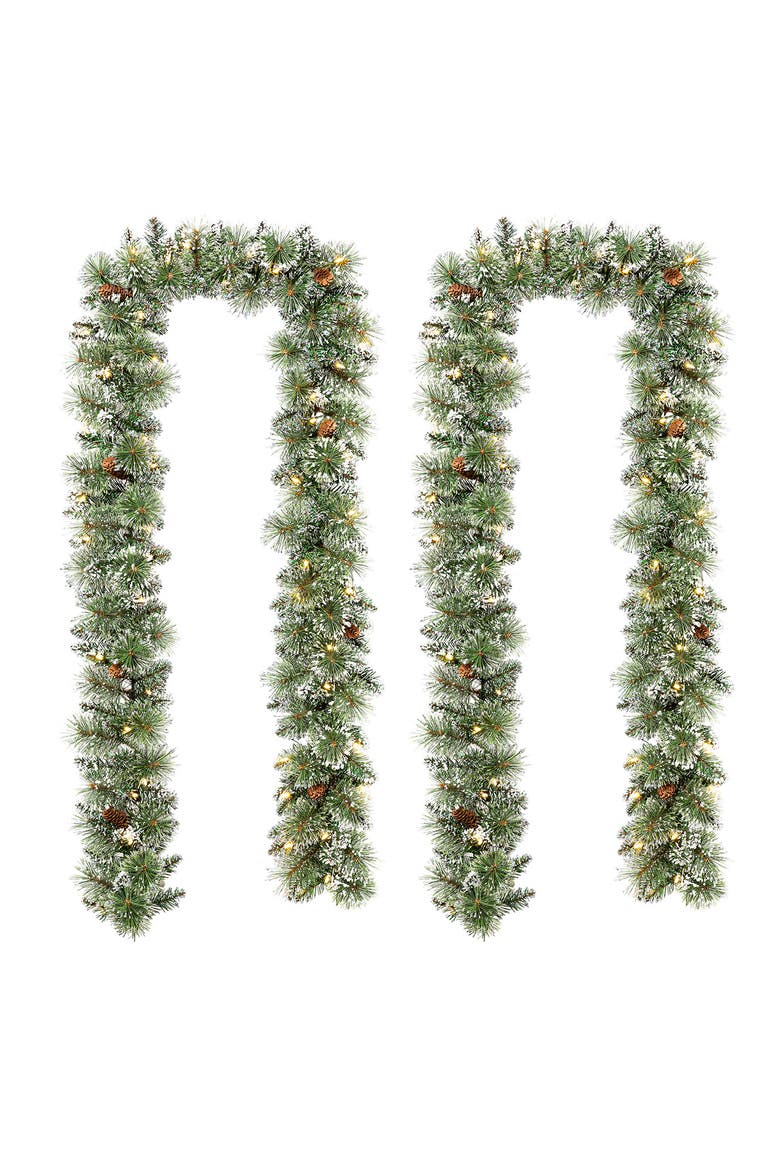 Set of 2 Frosted Christmas Garland with Lights and Timer, Alternate, color, Green