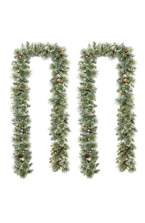Set of 2 Frosted Christmas Garland with Lights and Timer