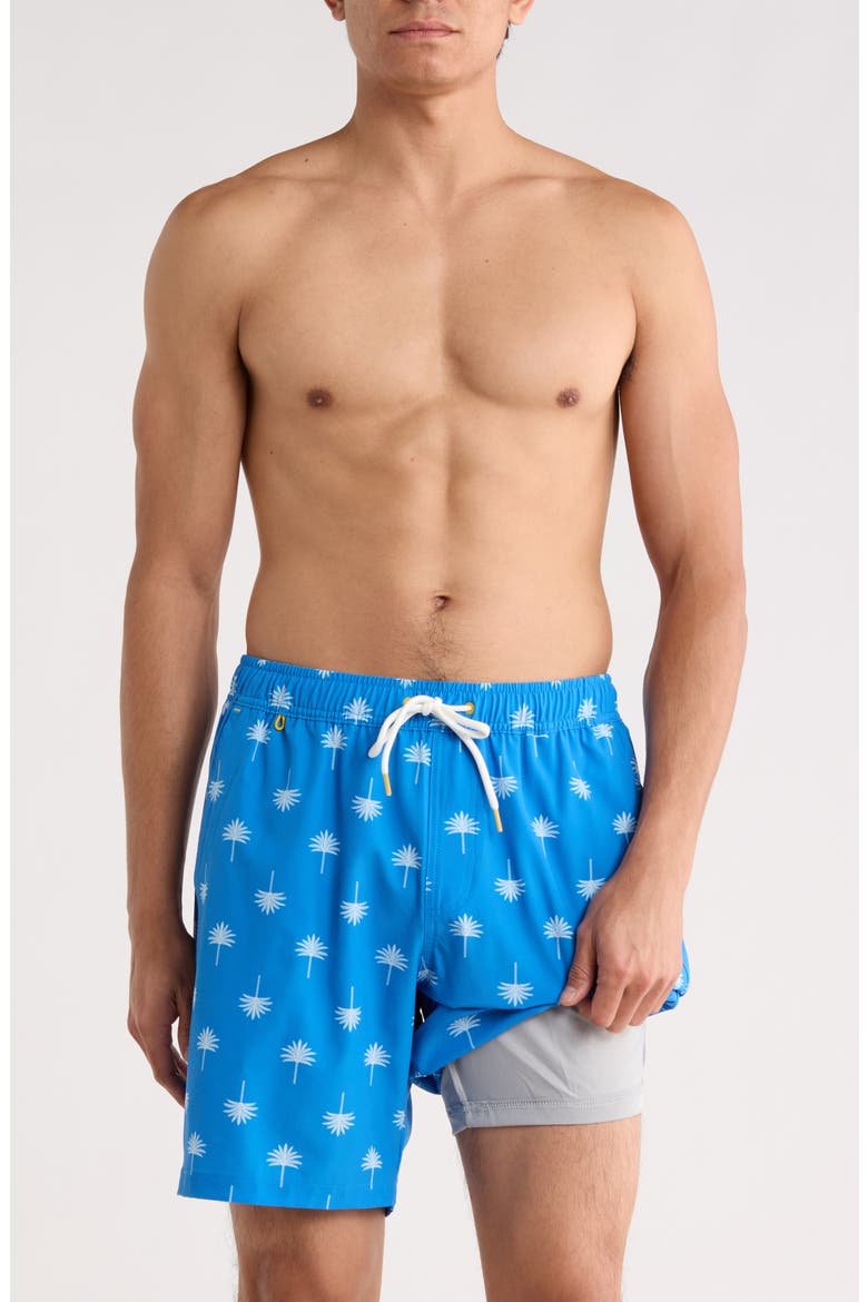 Palm Tree Print Swim Trunks, Alternate, color, CAMPANULA