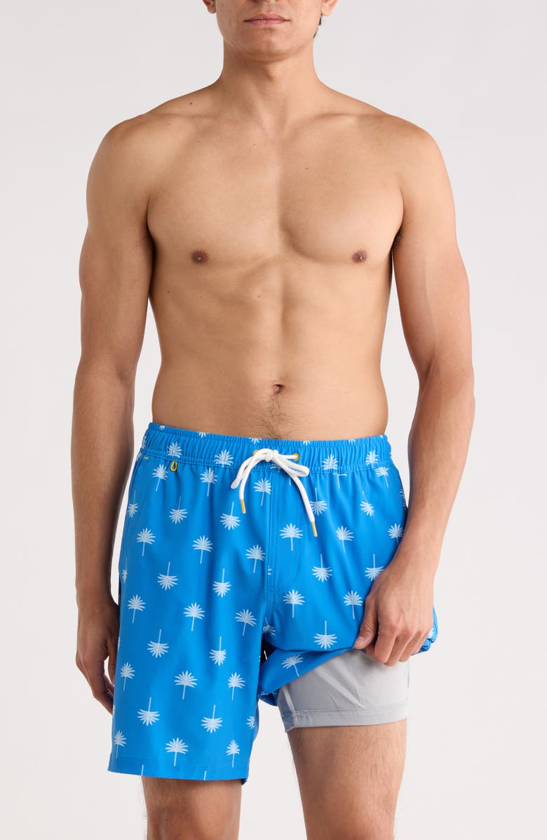 Scotch & Soda Palm Tree Print Swim Trunks, Alternate, color, Campanula