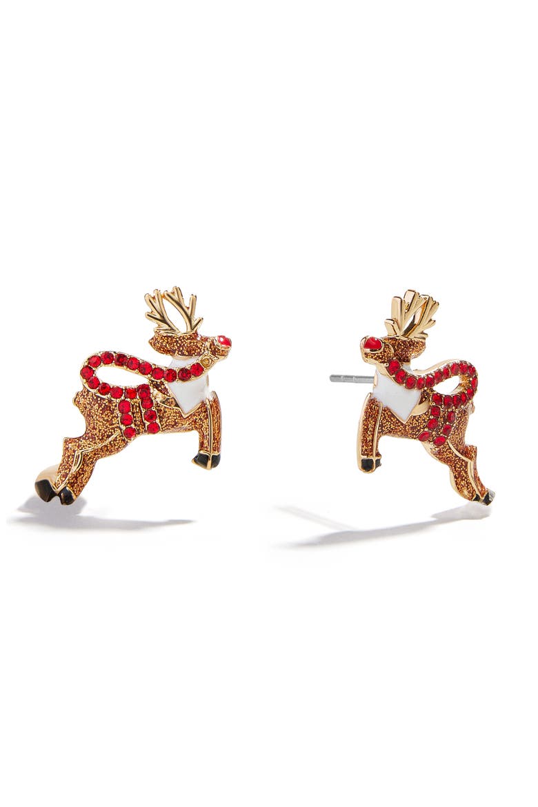 Skybound Reindeer Crystal Stud Earrings, Main, color, BROWN