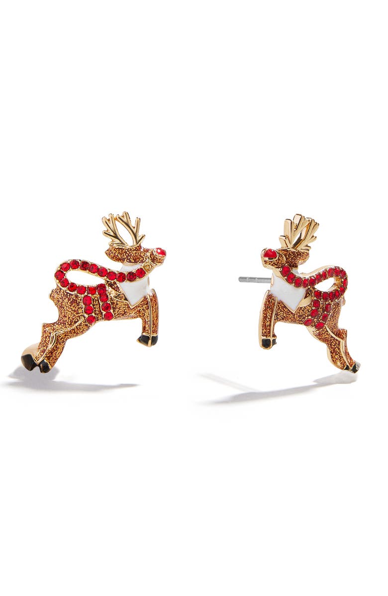 BaubleBar Skybound Reindeer Crystal Stud Earrings, Main, color, Brown