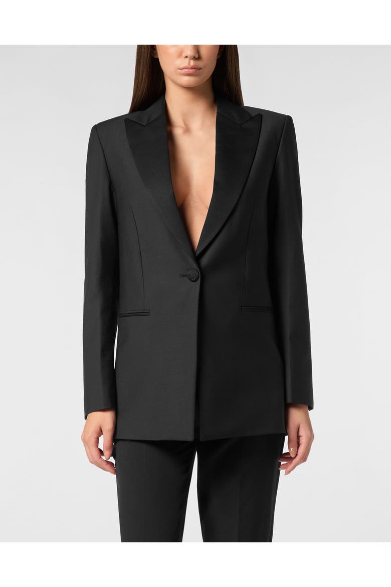 Wool Blazer Boyfriend Fit Face Strass Women, Main, color, black