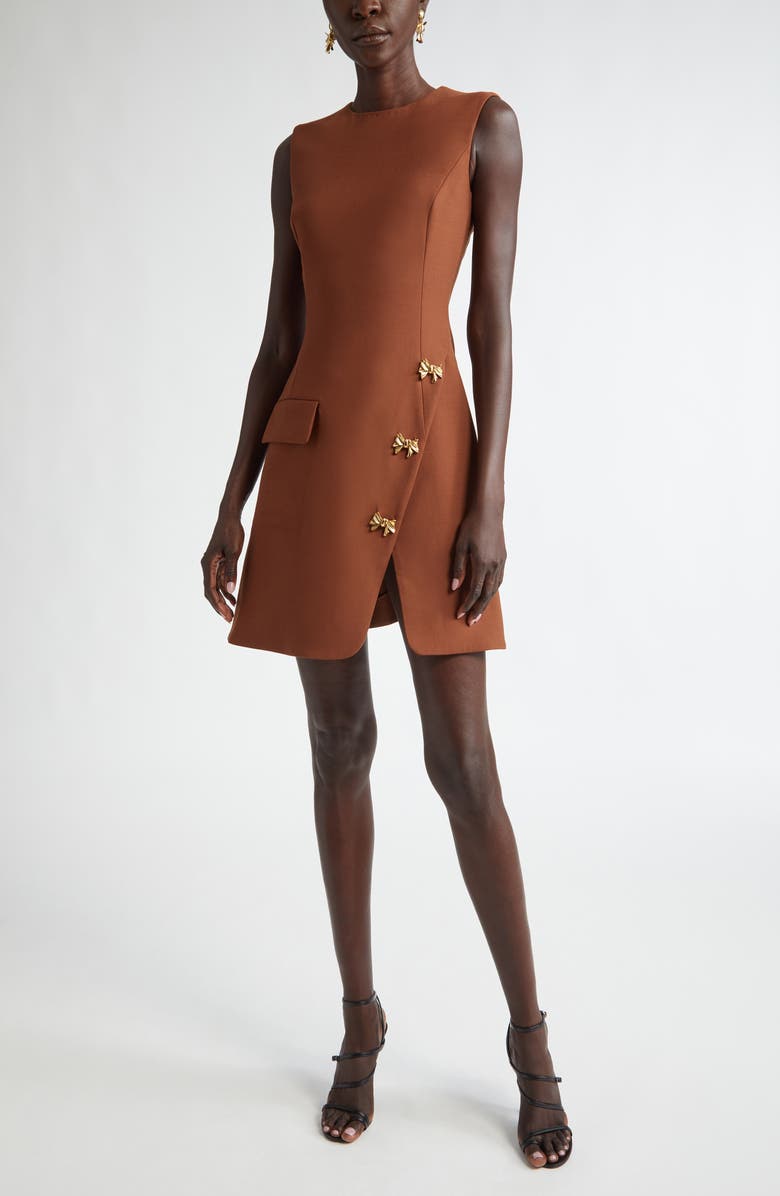 Oscar de la Renta Bow Detail Stretch Wool Blend Dress, Main, color, Cocoa