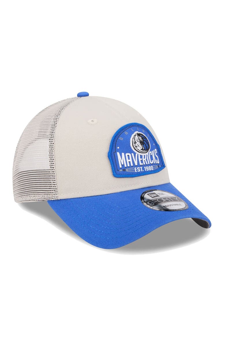 Men's New Era Khaki/Blue Dallas Mavericks Throwback Patch Trucker 9FORTY Adjustable Hat, Alternate, color, Khaki